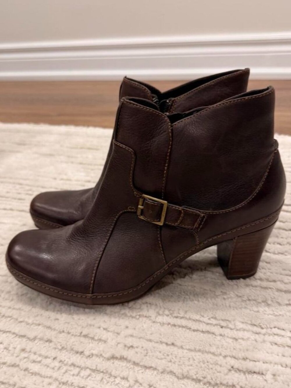 Clarks Artisan Brown Leather Buckle Heeled Ankle Boots
